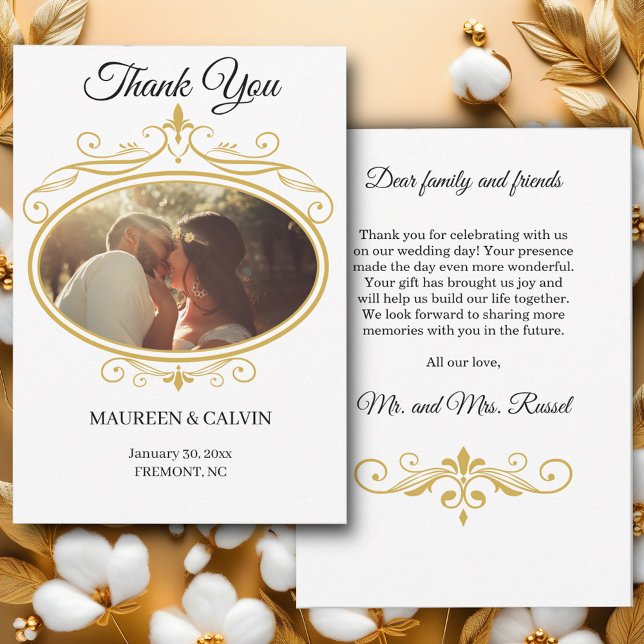 Elegant Gold Filigree on White, Wedding Thank You Card (Creator Uploaded)