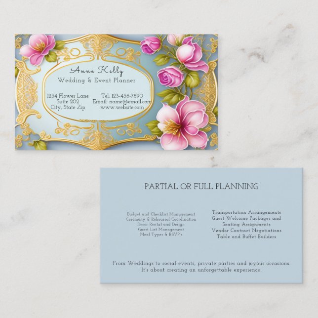 Elegant Gold Filigree Pink Wedding Event Planner Business Card (Front/Back)