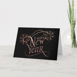 Elegant Gold Fireworks Happy New Year Holiday Card