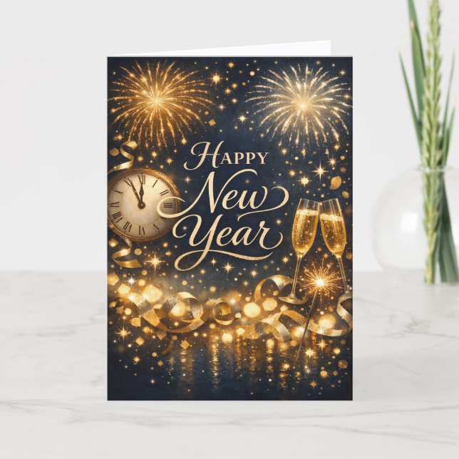 Elegant Gold Fireworks Midnight Happy New Year Holiday Card (Front)