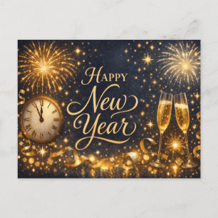 Elegant Gold Fireworks Midnight Happy New Year Holiday Postcard