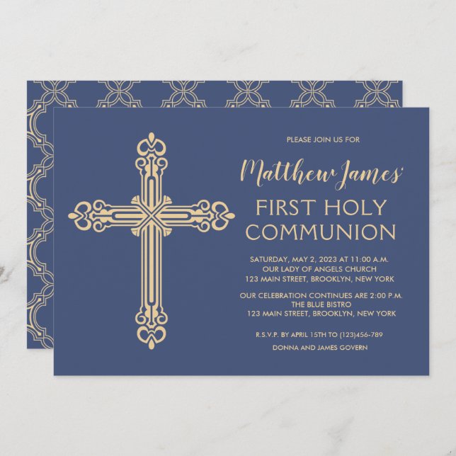 Elegant Gold First Communion Invitation for Boys (Front/Back)