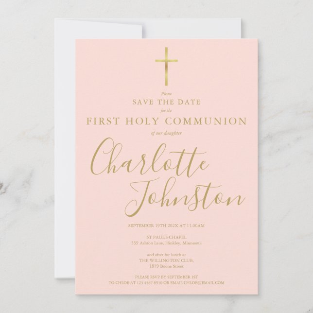 Elegant Gold First Holy Communion Blush Pink Save The Date (Front)
