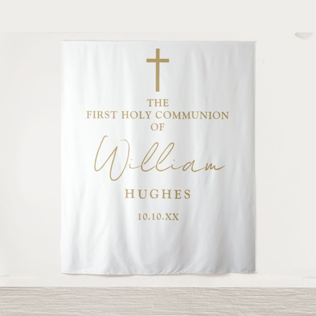 Elegant Gold First Holy Communion Photo Backdrop Tapestry (Front)