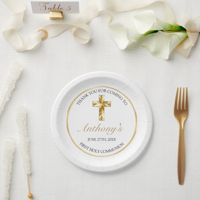 Elegant Gold First Holy Communion Thank You Paper Plate (Wedding)
