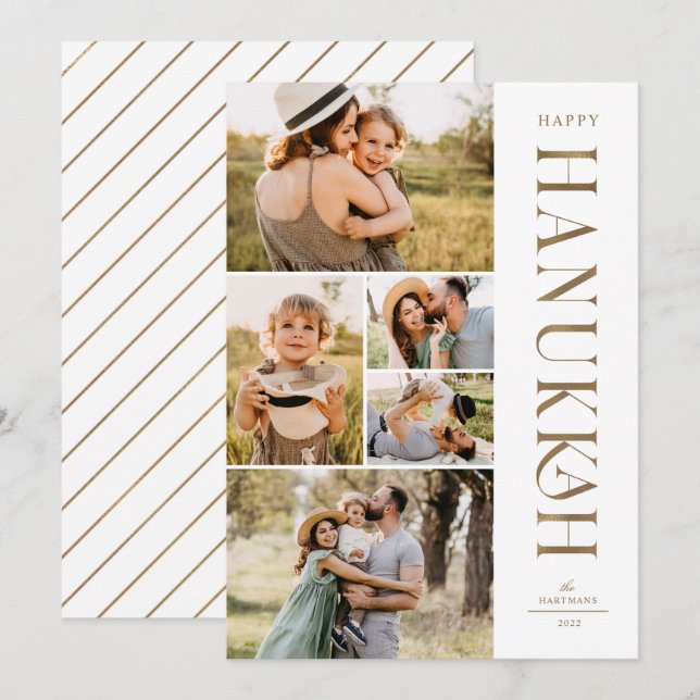 Elegant Gold Five Photo Collage Hanukkah   Holiday Card (Front/Back)