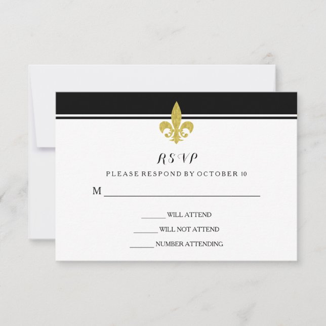 Elegant Gold Fleur de Lis Black and White RSVP (Front)
