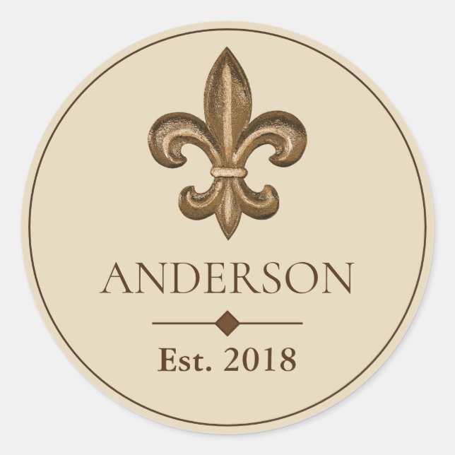 Elegant Gold Fleur de Lis & Family Name Classic Round Sticker (Front)