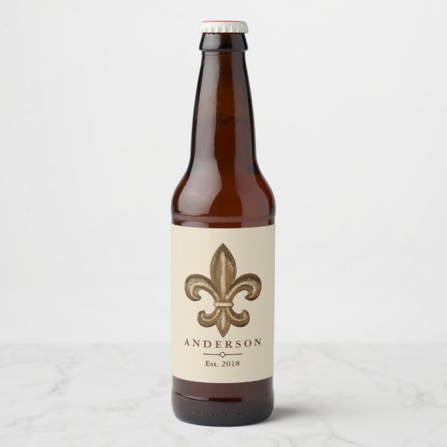 Elegant Gold Fleur de Lis & Taupe | Personalised Beer Bottle Label (Front)