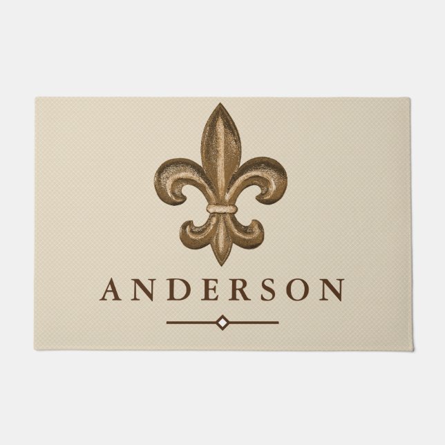 Elegant Gold Fleur de Lis & Taupe | Personalised Doormat (Front)