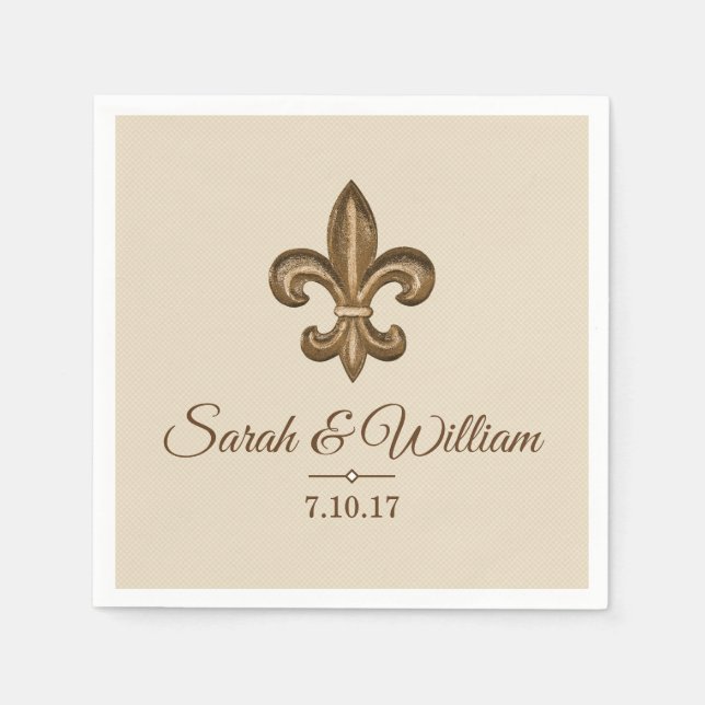 Elegant Gold Fleur de Lis & Taupe | Personalised Napkin (Front)