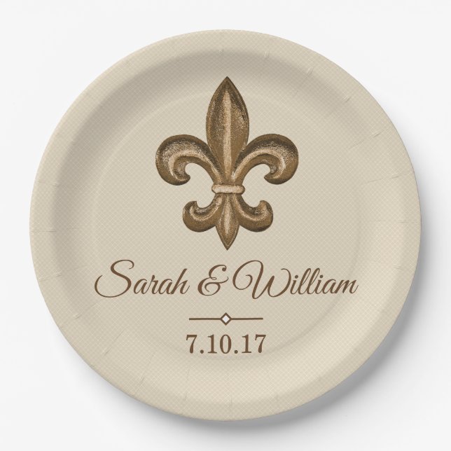 Elegant Gold Fleur de Lis & Taupe | Personalised Paper Plate (Front)