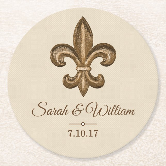 Elegant Gold Fleur de Lis & Taupe | Personalised Round Paper Coaster (Front)