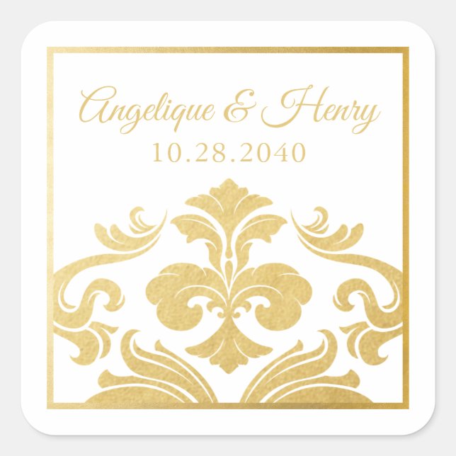 Elegant Gold Fleur de Lis Wedding Square Sticker (Front)