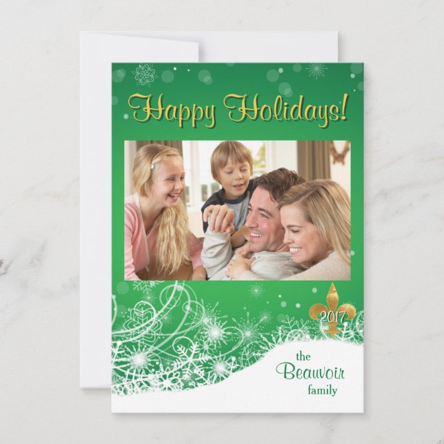 Elegant Gold Fleur Green Holiday Custom Photo Card (Front)