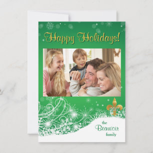 Elegant Gold Fleur Green Holiday Custom Photo Card