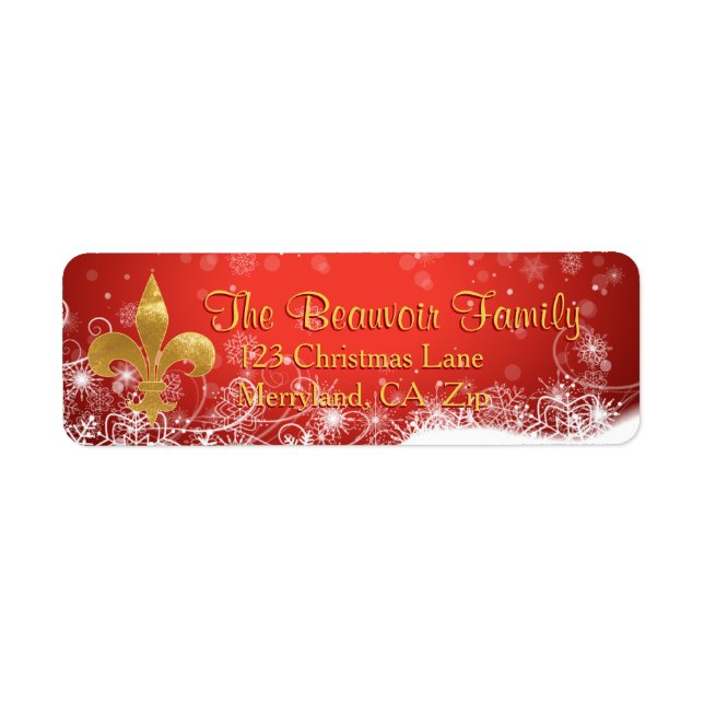 Elegant Gold Fleur Red Holiday Address Labels (Front)