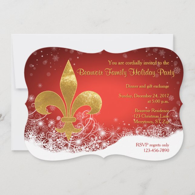 Elegant Gold Fleur Red Holiday Invitation (Front)