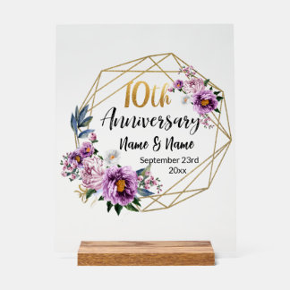 Elegant Gold Floral 10 Year Anniversary  Acrylic Sign