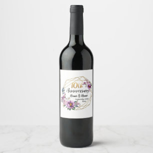 Elegant Gold Floral 10 Year Anniversary Wine Label