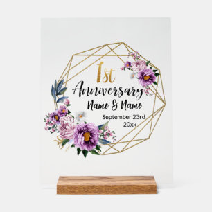 Elegant Gold Floral 1st Year Anniversary Acrylic Sign