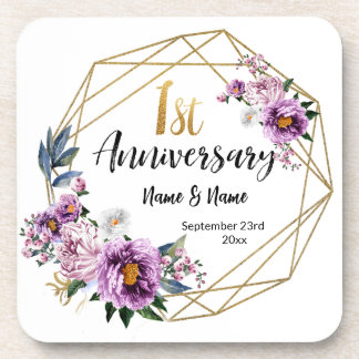 Elegant Gold Floral 1st Year Anniversary Coaster