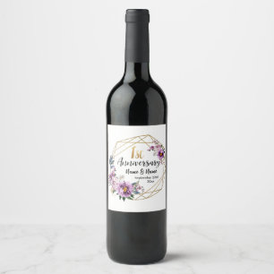 Elegant Gold Floral 1st Year Anniversary  Wine Label