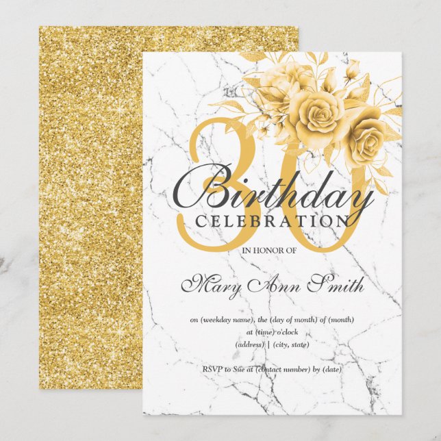 Elegant Gold Floral 30th Birthday Party Marble  Invitation (Front/Back)