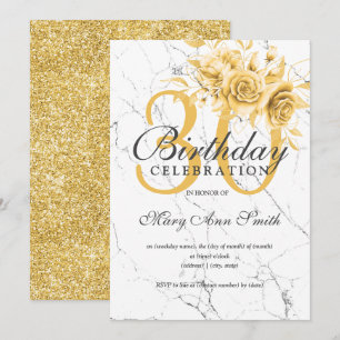 Elegant Gold Floral 30th Birthday Party Marble  Invitation