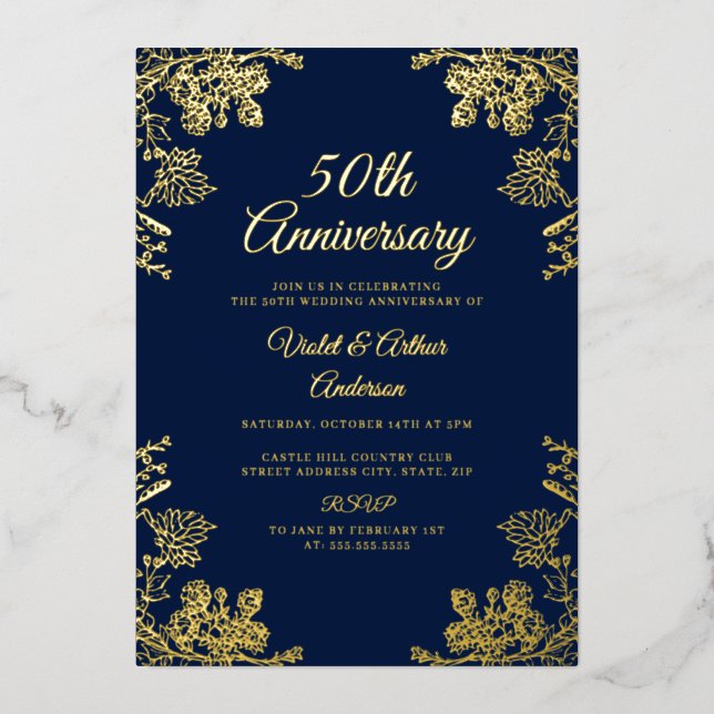Elegant Gold Floral 50th Wedding Anniversary (Front)