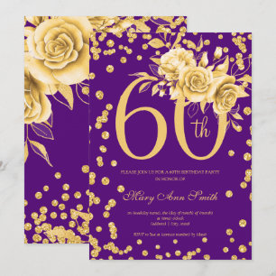 Elegant Gold Floral 60th Birthday Party Purple Invitation