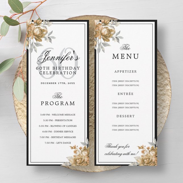 Elegant Gold Floral 60th Birthday Program Menu  Invitation (Elegant Gold Floral 60th Birthday Program Menu )