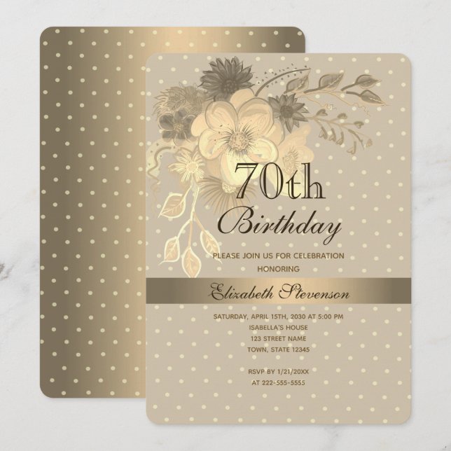 Elegant Gold Floral 70th Birthday Invitation (Front/Back)