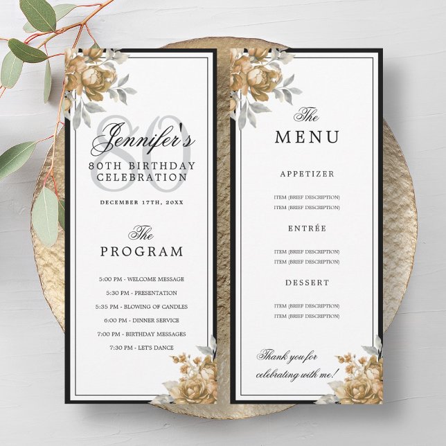 Elegant Gold Floral 80th Birthday Program Menu  Invitation (Elegant Gold Floral 80th Birthday Program Menu )