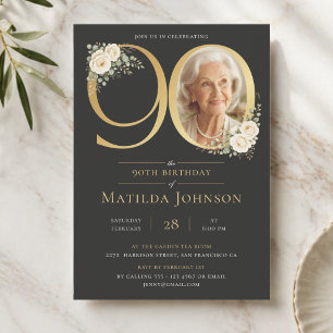 Elegant Gold Floral 90th Birthday Photo Invitation