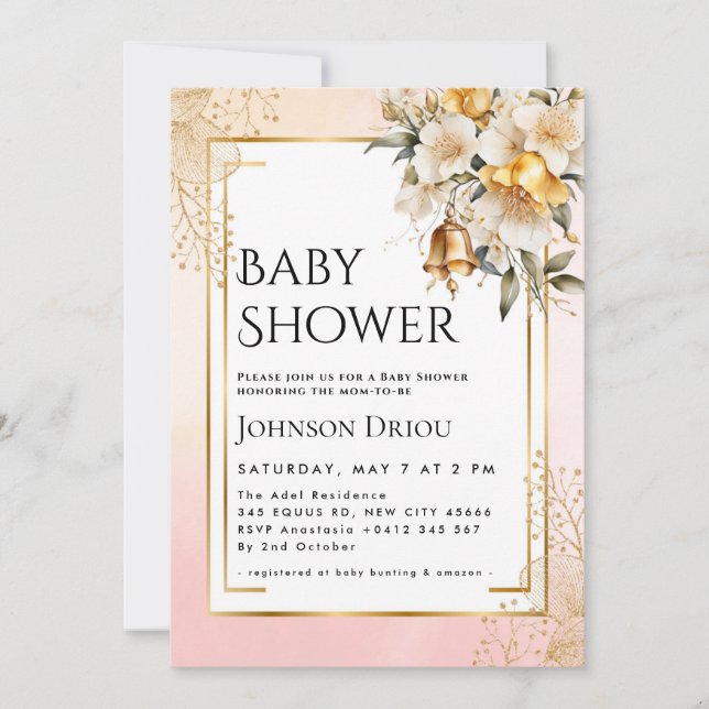 Elegant Gold Floral Baby Shower Invitation (Front)