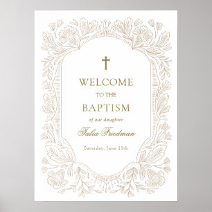 Elegant Gold Floral Baptism Welcome Poster