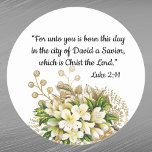 Elegant Gold Floral Bible Verse Christmas Classic Round Sticker<br><div class="desc">Elegant green,  gold & white floral bouquet with bible verse.</div>