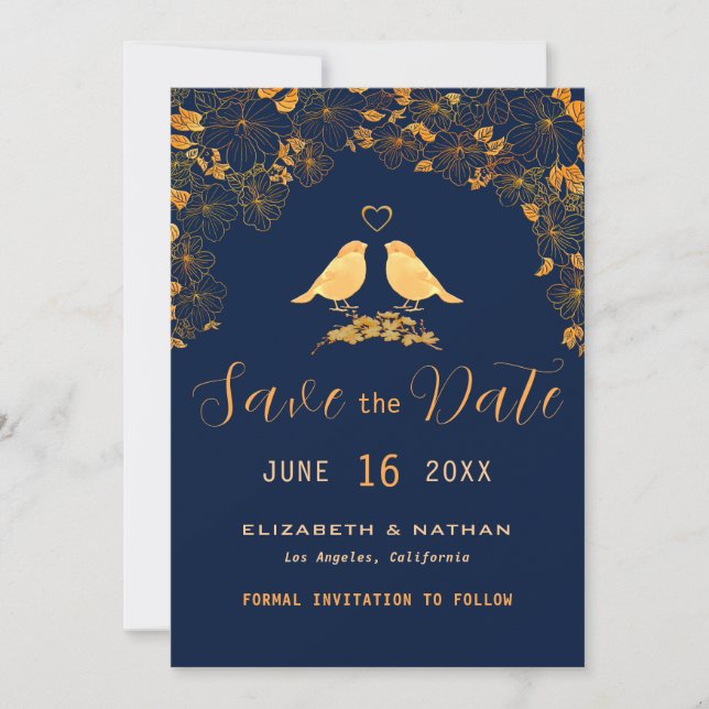 Elegant Gold Floral Birds Navy Blue Custom Photo Save The Date (Front)