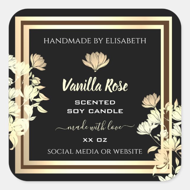 Elegant Gold Floral Black Product Packaging Labels (Front)