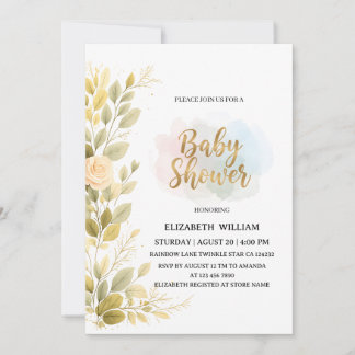 Elegant Gold Floral Botanical Baby Shower  Invitation