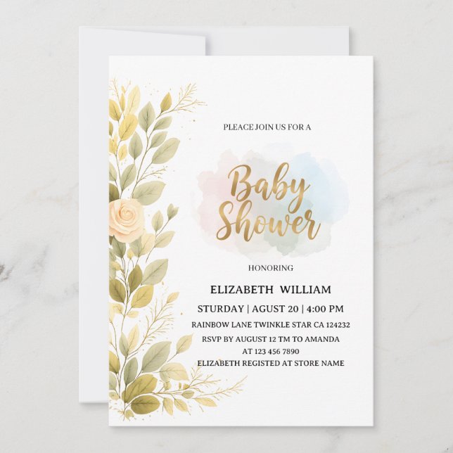 Elegant Gold Floral Botanical Baby Shower  Invitation (Front)