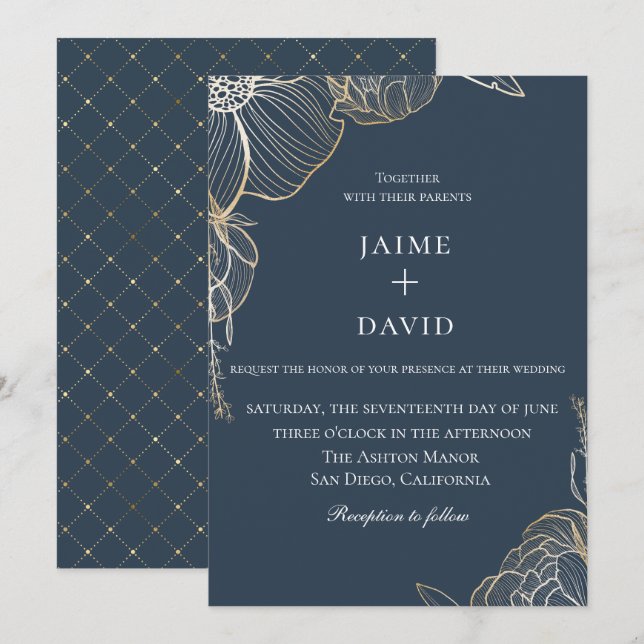 Elegant Gold Floral Botanical Wedding Invitation (Front/Back)