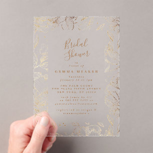 Elegant Gold Floral Bridal Shower Acrylic Invitations