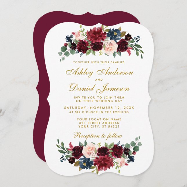 Elegant Gold  Floral Burgundy Blue Wedding BR Invitation (Front/Back)