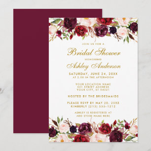 Elegant  Gold Floral Burgundy Bridal Shower Invitation