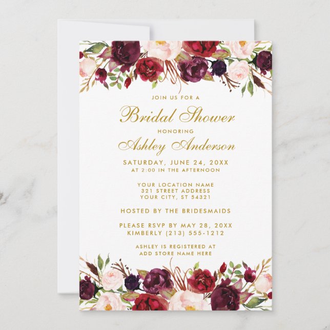 Elegant  Gold Floral Burgundy Bridal Shower W Invitation (Front)