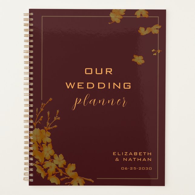 Elegant Gold Floral Burgundy Wedding Planner (Front)