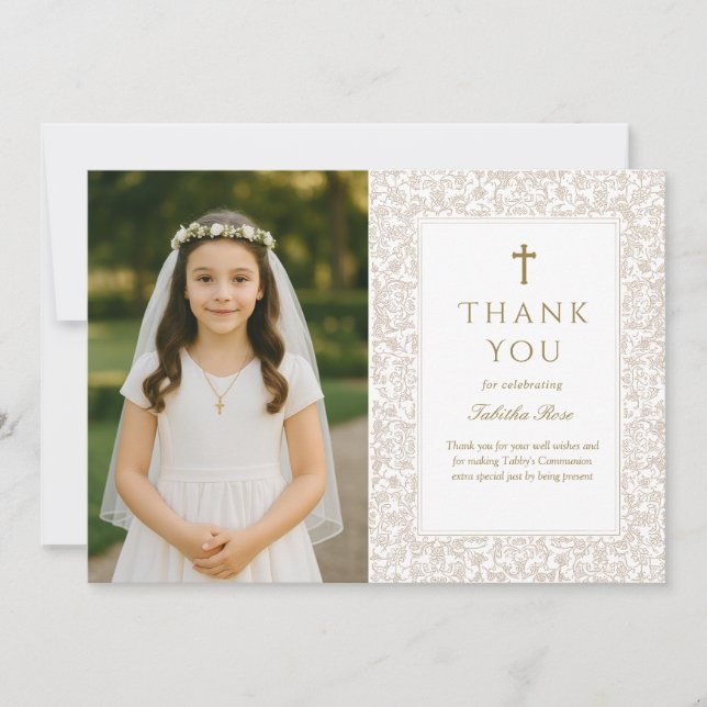 Elegant Gold Floral Communion Thank You Card (Front)