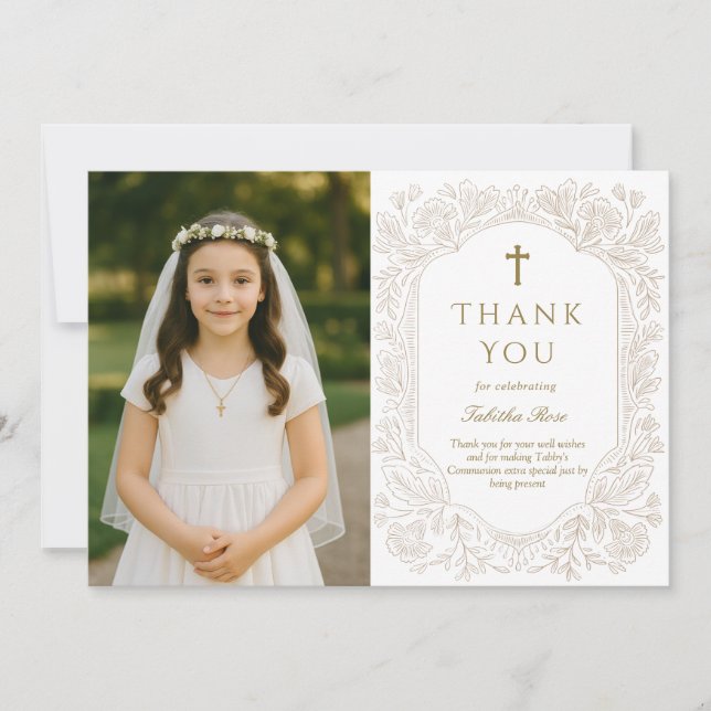 Elegant Gold Floral Communion Thank You Card (Front)